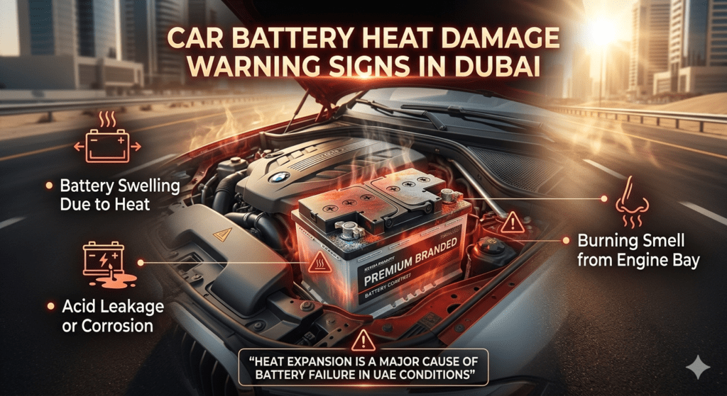 Infographic showing car battery heat damage warning signs in Dubai including swelling, corrosion, and burning smell with a luxury engine bay and overheating effects.
