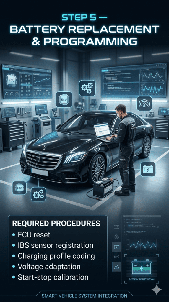 Infographic showing battery replacement and programming process in a modern workshop with ECU coding and diagnostic tools connected to a luxury vehicle.