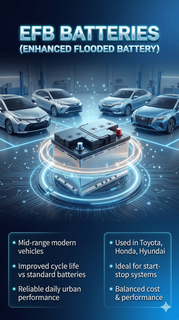 High-tech infographic showing EFB battery (Enhanced Flooded Battery) with hybrid cars like Toyota, Honda, and Hyundai, highlighting mid-range performance, improved cycle life, and modern automotive use.