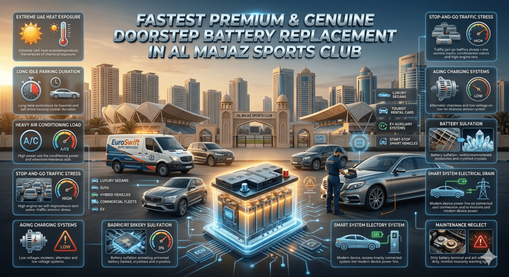 Premium automotive doorstep battery replacement infographic showing emergency mobile service in Al Majaz Sports Club with luxury cars, roadside assistance van, battery diagnostics, ECU warning symbols, UAE heat effects, smart vehicle systems, and animated service points around a central glowing battery.