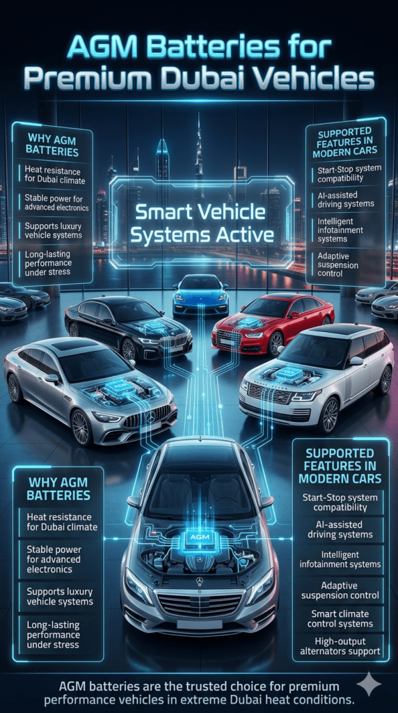 Luxury Dubai automotive infographic showing AGM battery benefits for premium cars like BMW, Mercedes, Audi, Porsche, and Range Rover with futuristic UI and system features.