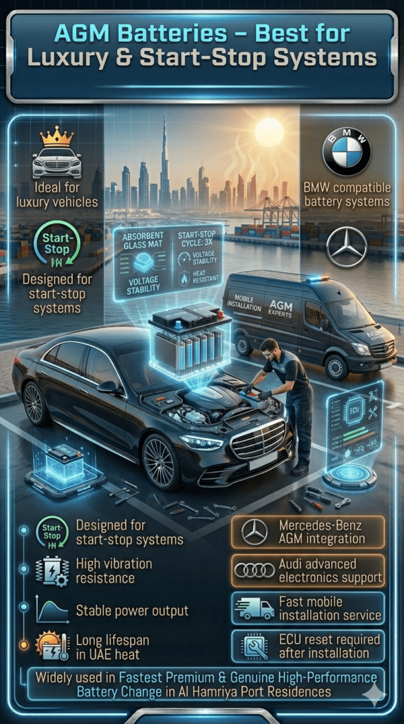 AGM car battery installation in luxury vehicle engine bay showing technician replacing battery in BMW Mercedes Audi style car with Dubai futuristic garage background.