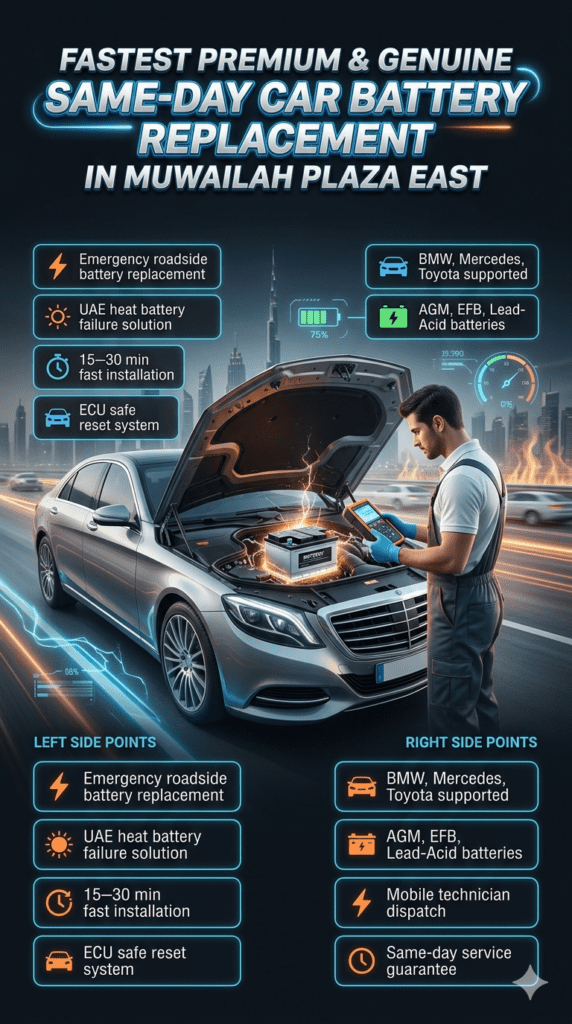 Premium infographic showing fastest same-day car battery replacement in Muwailah Plaza East featuring luxury car, technician installation, and emergency roadside service in UAE heat conditions.