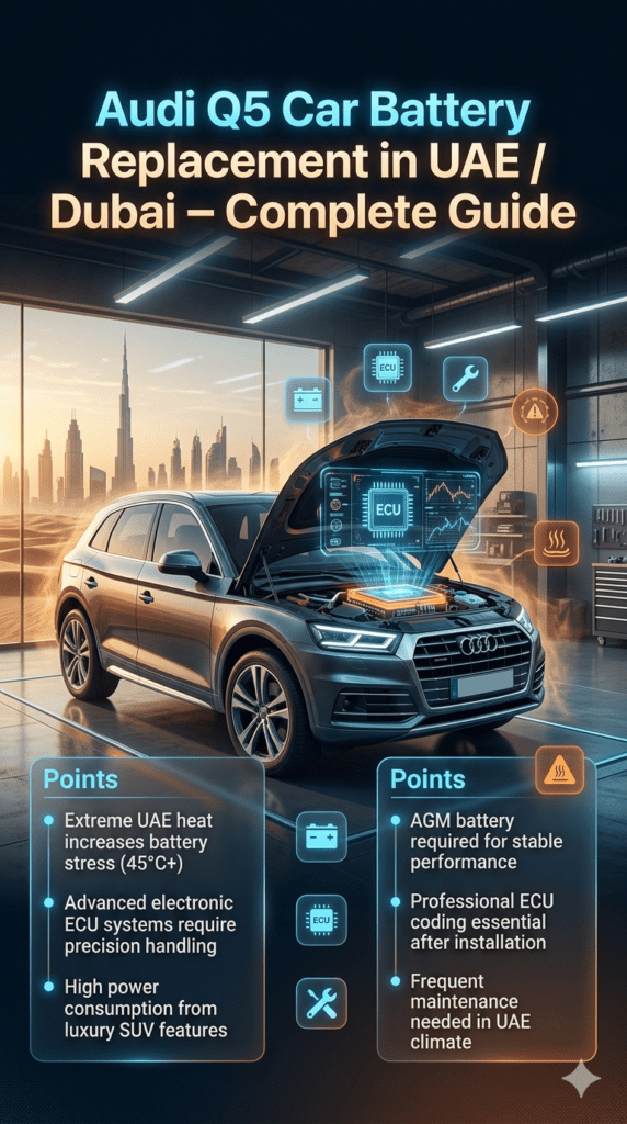 Premium infographic showing Audi Q5 Car Battery Replacement in UAE / Dubai with luxury SUV in futuristic workshop, highlighting ECU systems, heat impact, and AGM battery requirements.