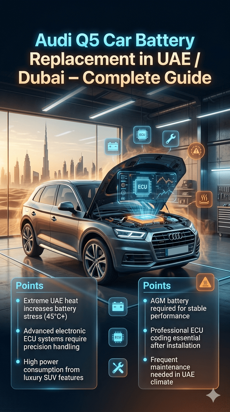 Premium infographic showing Audi Q5 Car Battery Replacement in UAE / Dubai with luxury SUV in futuristic workshop, highlighting ECU systems, heat impact, and AGM battery requirements.