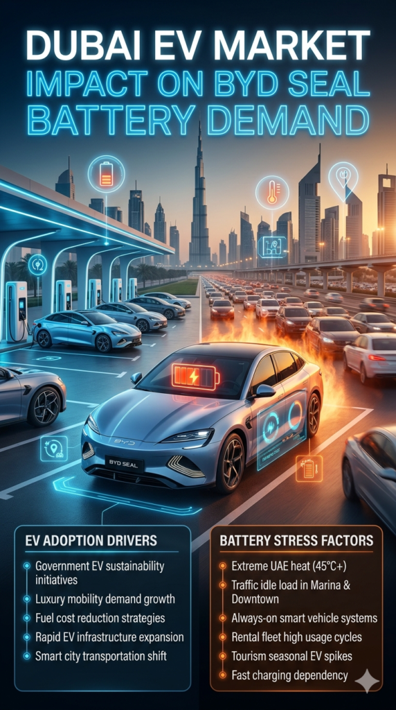 Dubai EV Market Impact on BYD Seal Battery Demand in UAE Futuristic Dubai EV infographic showing BYD Seal electric car in center with battery stress and demand factors, surrounded by traffic scenes, charging stations, and heatwave effects illustrating UAE driving conditions.