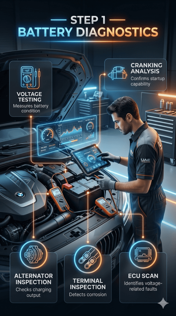 Professional automotive battery diagnostic infographic showing voltage testing, ECU scan, alternator inspection, and startup analysis.