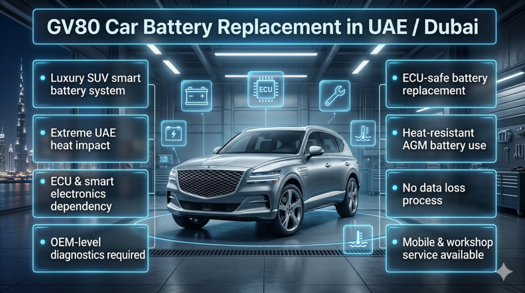 Luxury infographic showing GV80 car battery replacement in UAE Dubai with a Genesis-style SUV in the center, surrounded by animated technical service points explaining ECU-safe replacement, heat impact, and premium automotive diagnostics.