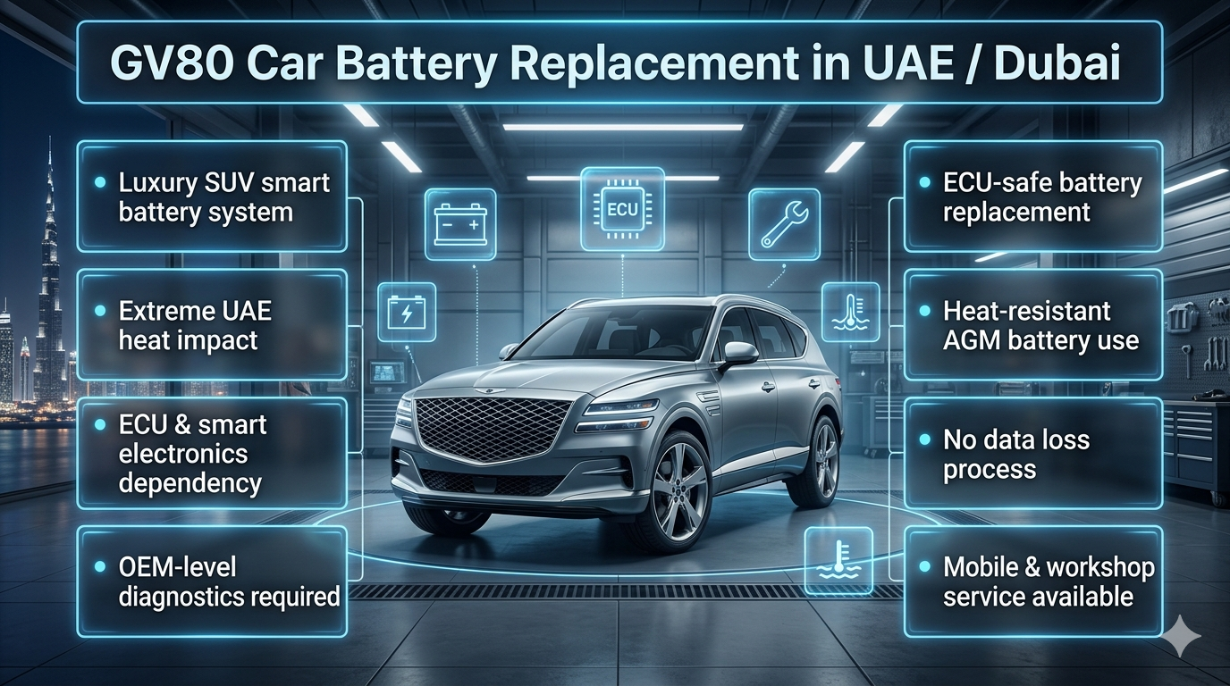 Luxury infographic showing GV80 car battery replacement in UAE Dubai with a Genesis-style SUV in the center, surrounded by animated technical service points explaining ECU-safe replacement, heat impact, and premium automotive diagnostics.