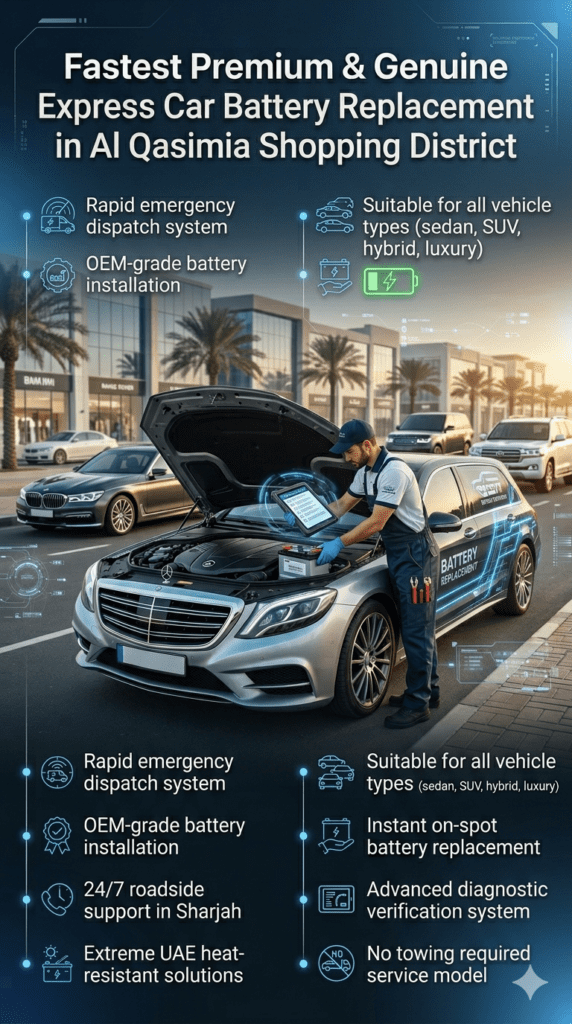 Premium roadside car battery replacement service in Al Qasimia Shopping District showing technician installing a car battery with luxury vehicles in background and infographic highlights for emergency dispatch, OEM installation, and UAE heat-resistant solutions.