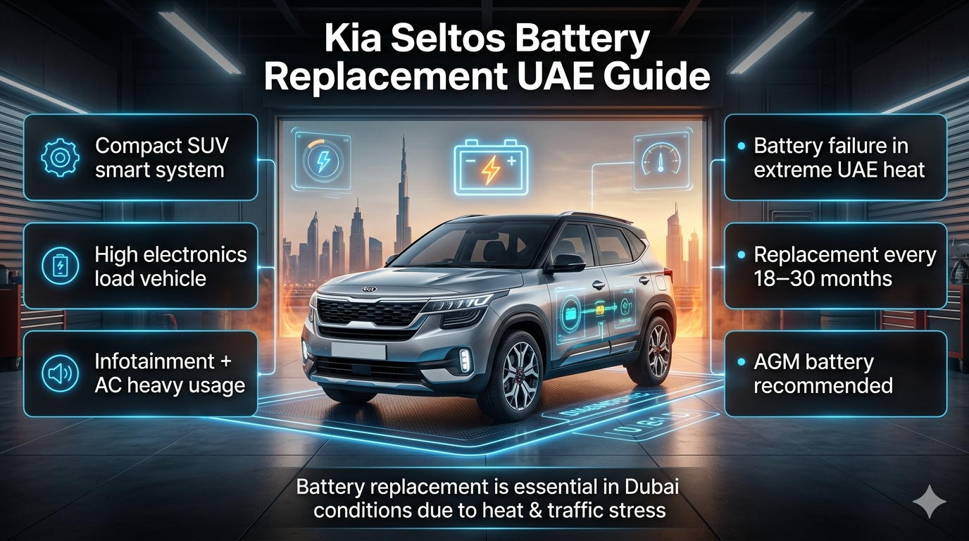 Kia Seltos car battery replacement infographic showing UAE Dubai heat impact, battery failure reasons, and maintenance guide with SUV center visual and technical points.