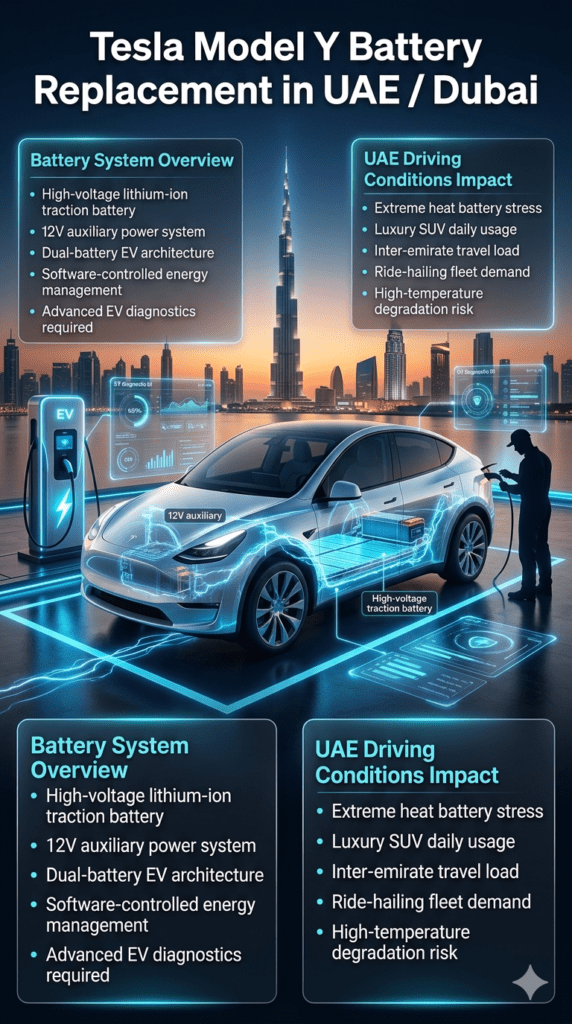 Tesla Model Y SUV with dual battery system infographic showing high-voltage and 12V components, set in futuristic Dubai EV environment.