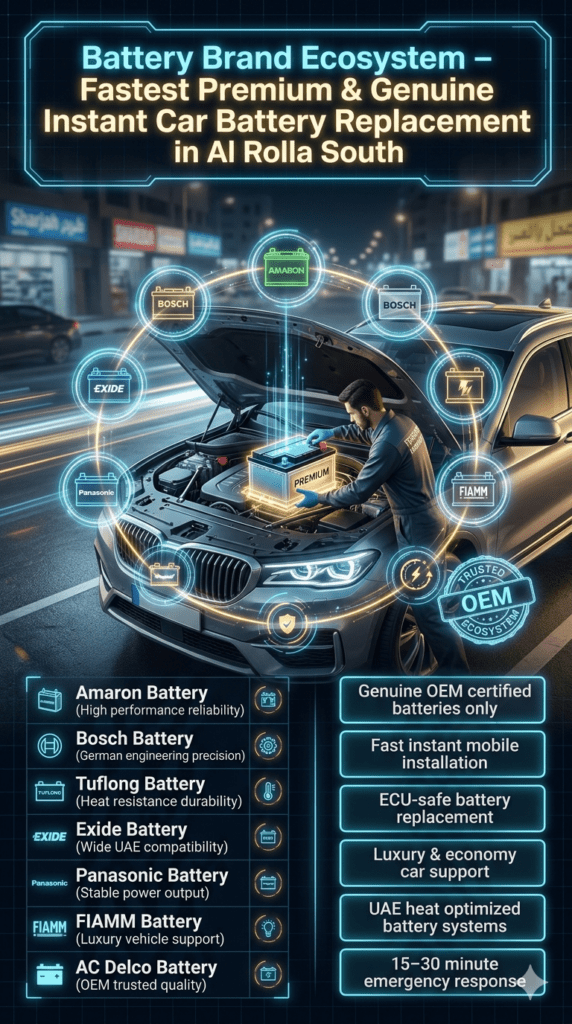Battery Brand Ecosystem – Premium OEM Car Battery Replacement in Al Rolla South Futuristic automotive infographic showing premium battery brand ecosystem including Amaron, Bosch, Exide, Panasonic, FIAMM, Tuflong, and AC Delco for instant car battery replacement in Al Rolla South.
