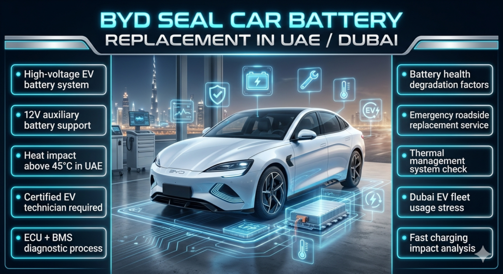 BYD Seal electric sedan displayed in a futuristic Dubai EV workshop infographic showing battery replacement process, with technical bullet points on both sides and glowing EV energy visualization in the center.