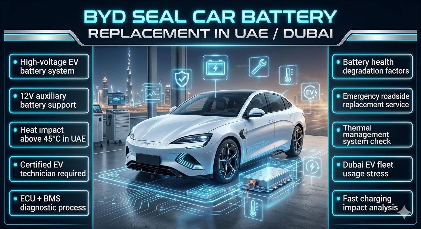 BYD Seal electric sedan displayed in a futuristic Dubai EV workshop infographic showing battery replacement process, with technical bullet points on both sides and glowing EV energy visualization in the center.