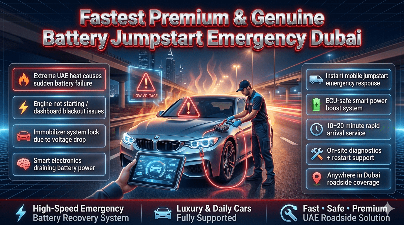Luxury emergency roadside infographic showing Fastest Premium & Genuine Battery jumpstart emergency Dubai service with mobile technician, stalled car, and futuristic diagnostic system in high-tech neon style.
