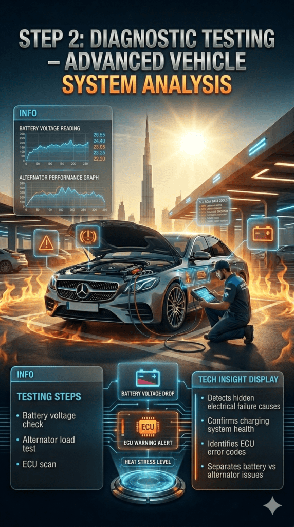 Car diagnostic testing infographic showing battery voltage check, alternator load test, and ECU scan in luxury vehicle breakdown scenario in Dubai heat with advanced automotive scanning tools.