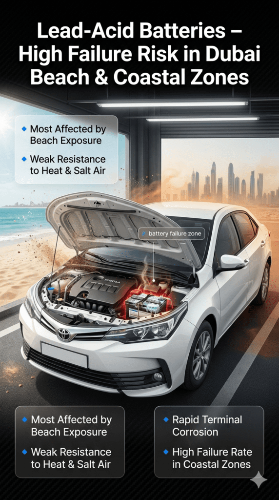 Premium automotive infographic showing lead-acid battery corrosion and failure in Dubai coastal beach conditions, highlighting terminal corrosion, heat exposure, and high failure rates.
