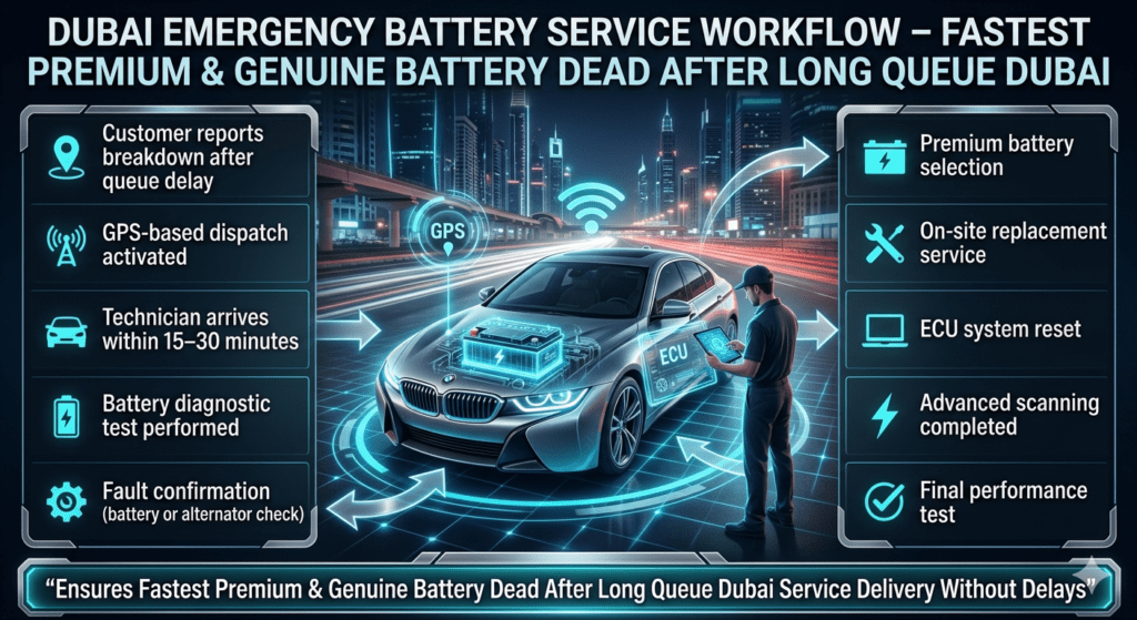 Futuristic infographic showing step-by-step Dubai emergency car battery service workflow including dispatch, diagnostics, replacement, ECU reset, and final testing with luxury car and smart city background.
