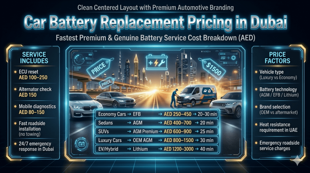 Luxury infographic showing car battery replacement pricing in Dubai with economy, sedan, SUV, luxury, and EV categories along with service costs and emergency battery replacement details.