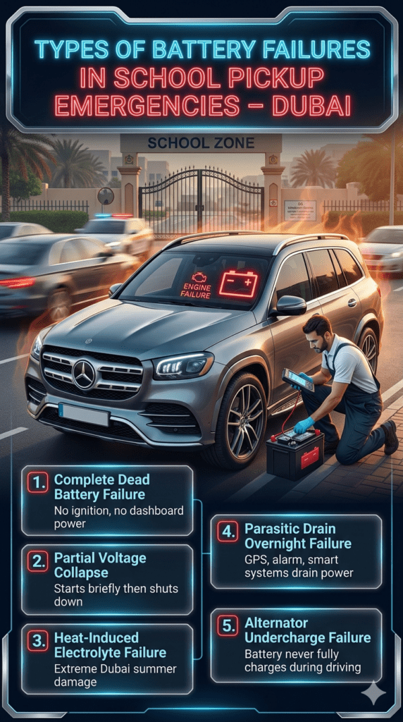 Infographic showing different types of car battery failures in Dubai school pickup emergencies, including dead battery, voltage collapse, heat damage, parasitic drain, and alternator issues.