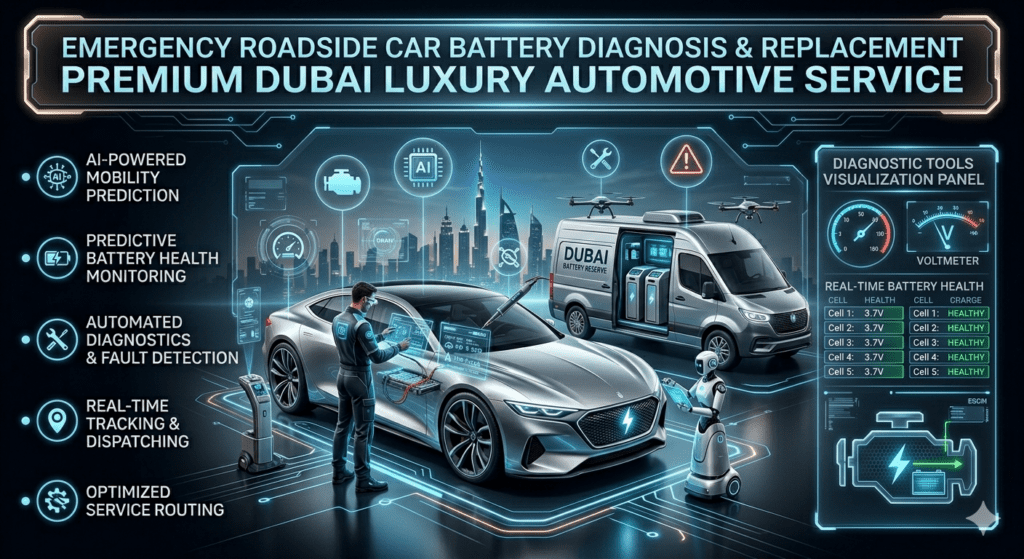 Futuristic automotive infographic showing emergency car battery diagnosis with a luxury car, technician scanning system, and side panels listing voltage testing, alternator check, ECU scanning, and battery load analysis in a high-tech Dubai service environment.