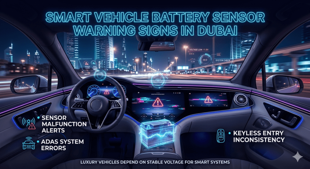 Infographic showing smart car battery sensor warning signs in Dubai including ADAS errors, sensor alerts, and keyless entry issues in a luxury car dashboard.