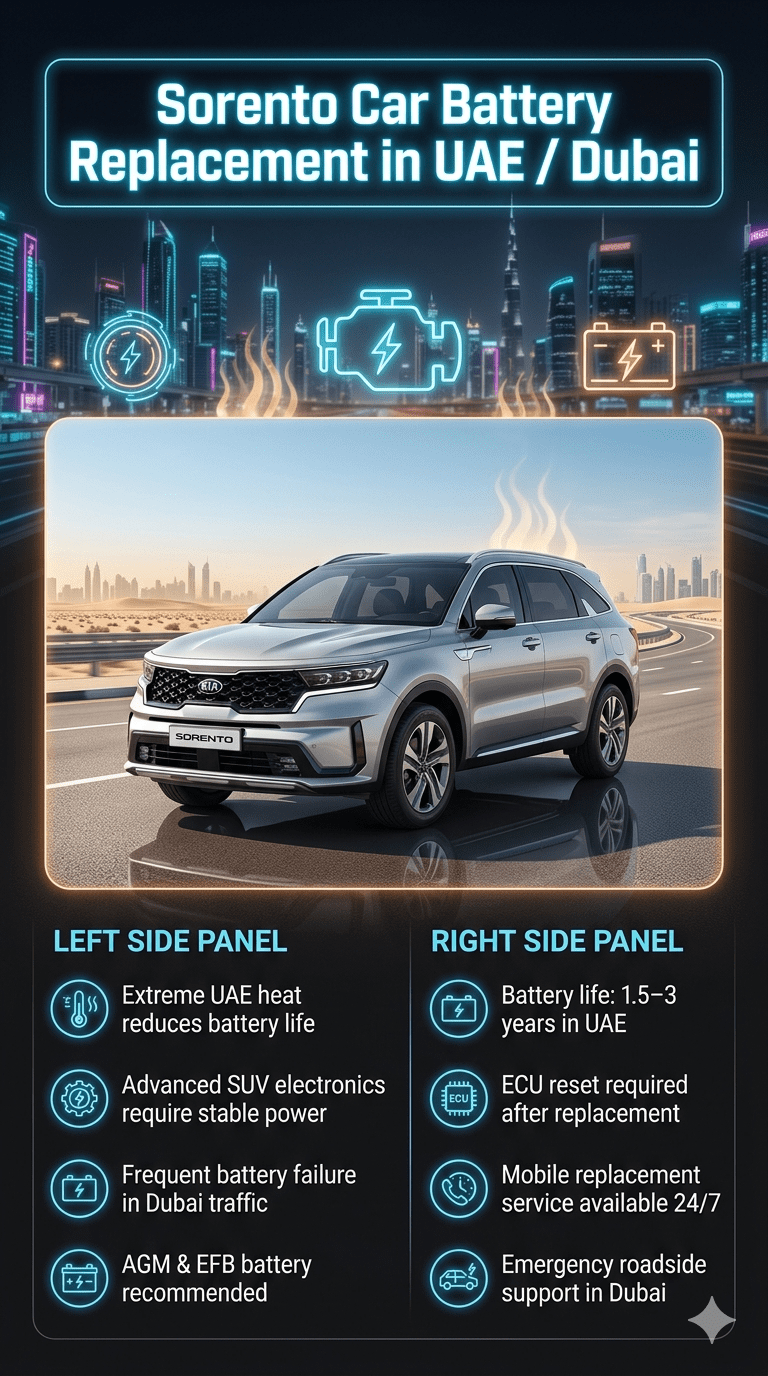 Sorento Car Battery Replacement in UAE Dubai infographic showing Kia Sorento SUV, battery service points, UAE heat impact, and replacement guide with technical and maintenance information.