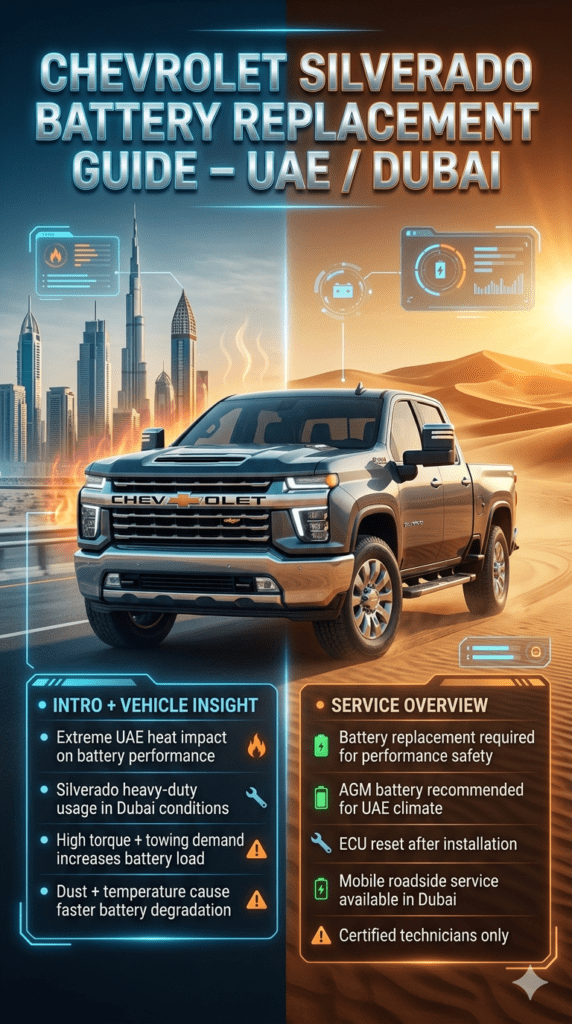 Chevrolet Silverado truck displayed in a Dubai environment infographic showing car battery replacement guide with UAE heat impact, service steps, and maintenance tips in a futuristic automotive poster layout.