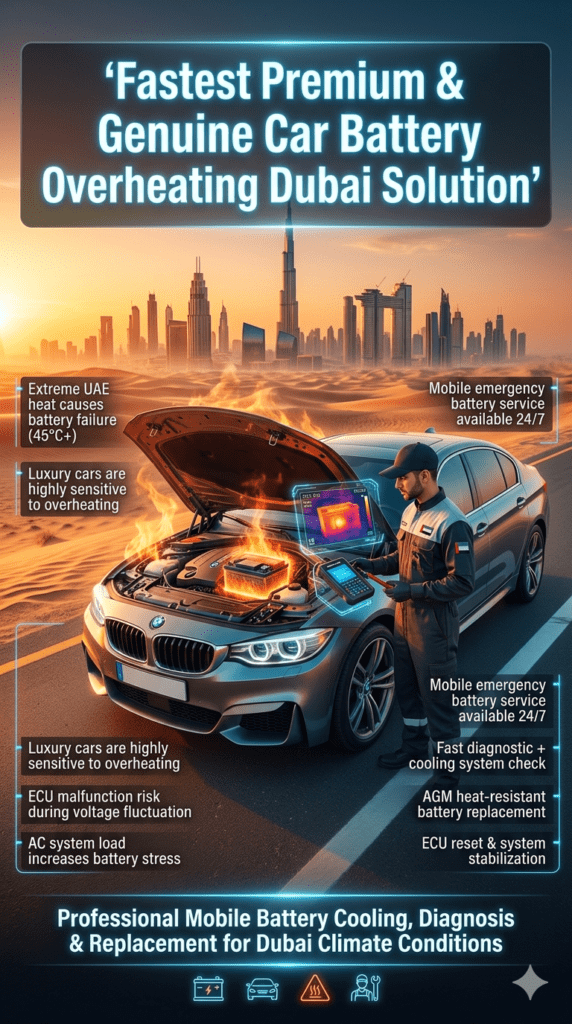 Luxury car battery overheating emergency service in Dubai showing mobile mechanic performing diagnostic scan with heatwave effects and premium automotive infographic layout.