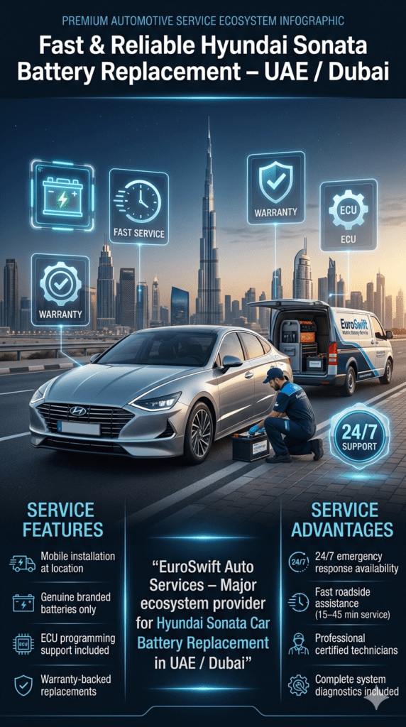 Automotive service infographic showing Hyundai Sonata car battery replacement in UAE with mobile installation, technician service, roadside assistance, and warranty-backed ecosystem support.