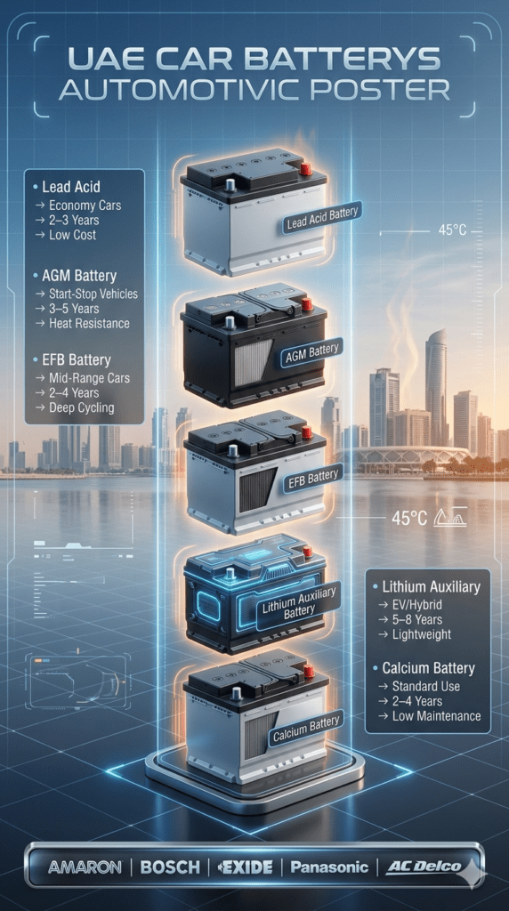 Infographic showing different car battery types including Lead Acid, AGM, EFB, Lithium, and Calcium with lifespan, usage, and vehicle categories along with premium battery brands.