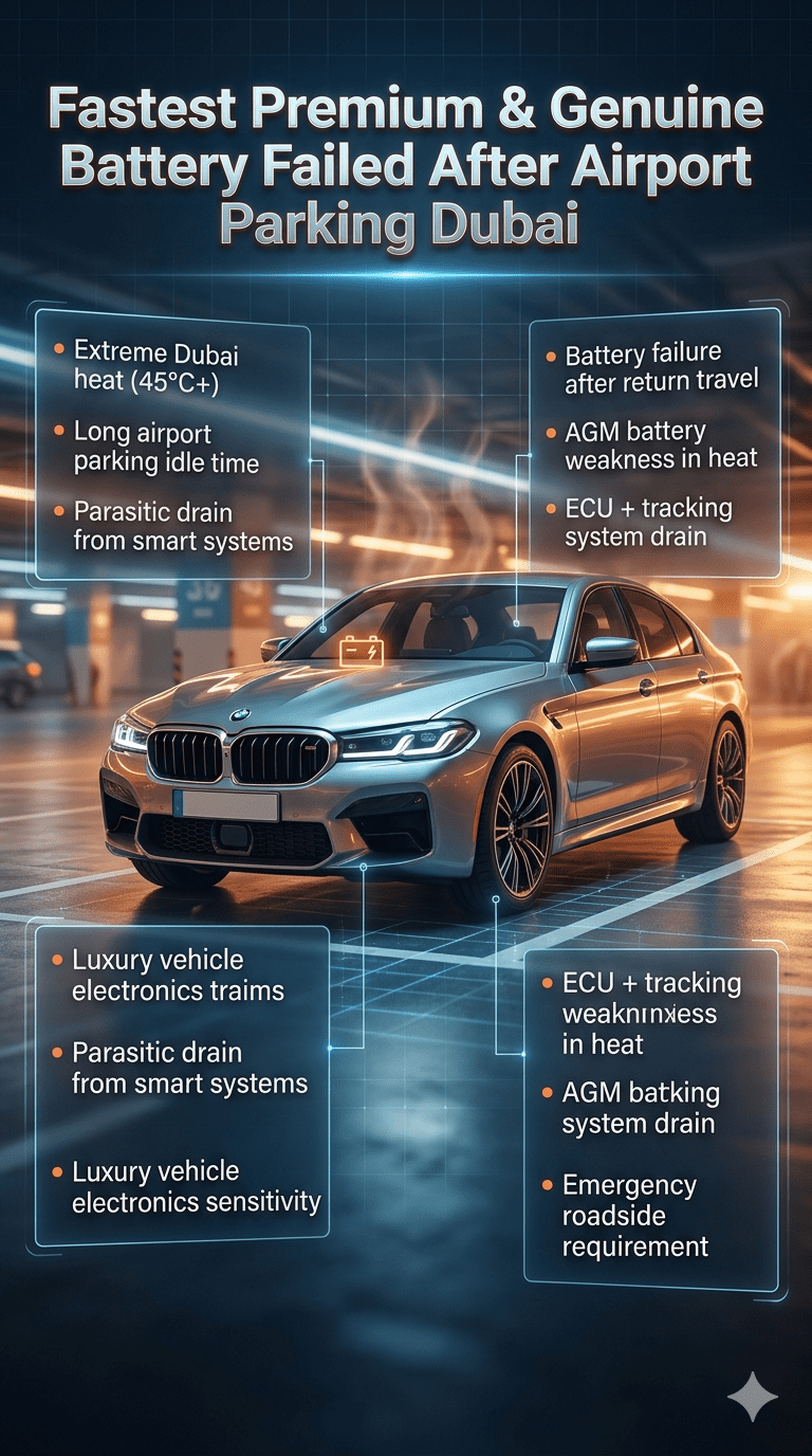 Luxury car battery failure infographic at Dubai airport parking showing emergency breakdown due to heat, long idle time, and smart system drain with side panel tips and central vehicle illustration.
