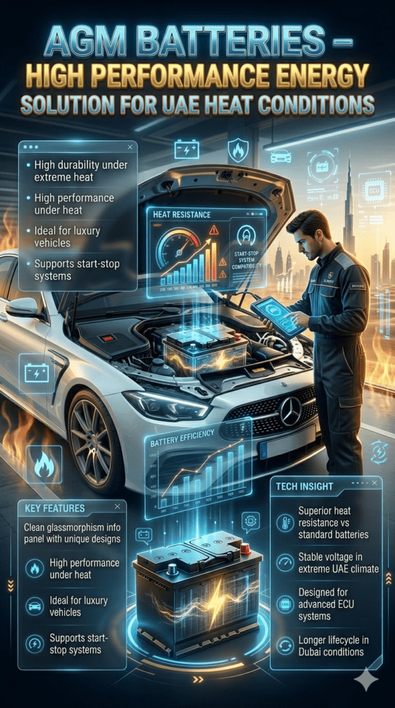 AGM Batteries – High Performance Battery Solution for UAE Heat & Luxury Cars AGM battery infographic showing high performance under heat, ideal for luxury vehicles, and start-stop system support in Dubai automotive workshop with advanced battery technology visualization.