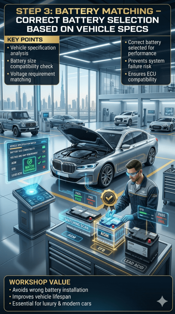 Battery matching infographic showing correct car battery selection based on vehicle specifications in Dubai luxury automotive workshop with holographic comparison system.