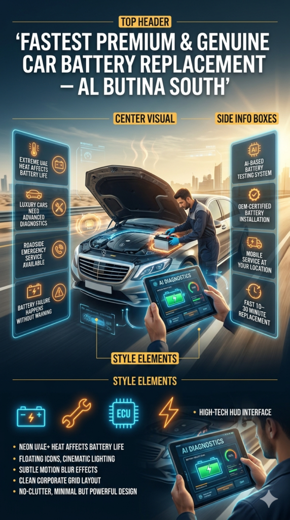 Premium car battery replacement service in Al Butina South showing luxury car with technician installing battery using AI diagnostic tools under extreme UAE heat conditions.
