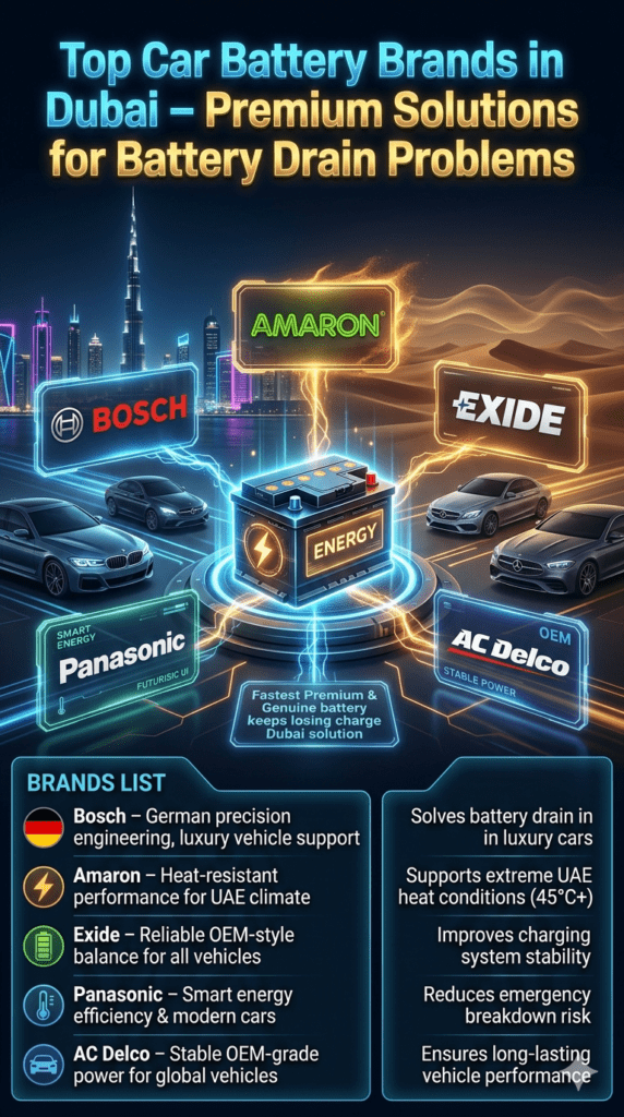 Luxury automotive infographic showing top car battery brands in Dubai including Bosch, Amaron, Exide, Panasonic, and AC Delco, connected to a central battery system with futuristic energy effects and Dubai skyline background.