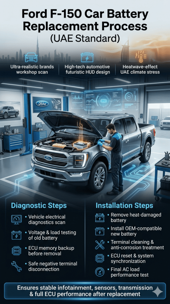 Ford F-150 battery replacement process infographic showing step-by-step UAE standard procedure including diagnostics, ECU backup, installation, and final testing in a professional workshop.