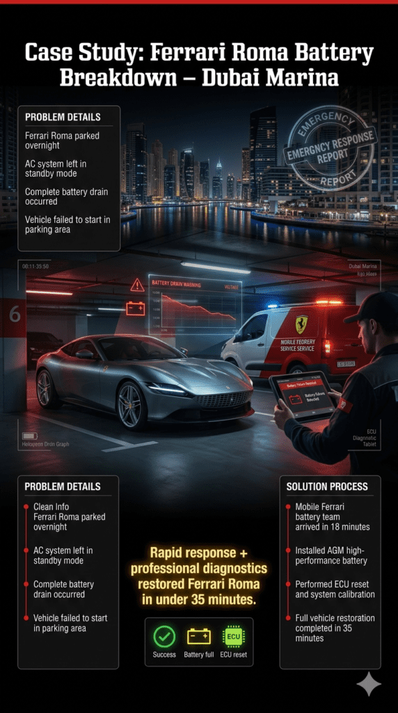 Ferrari Roma in Dubai Marina parking with emergency battery service team performing AGM battery replacement and ECU reset after complete battery drain.