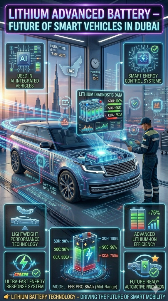 Futuristic infographic showing Lithium Advanced Battery technology in AI-integrated vehicles with Dubai smart city background, highlighting lightweight performance and smart energy control systems.
