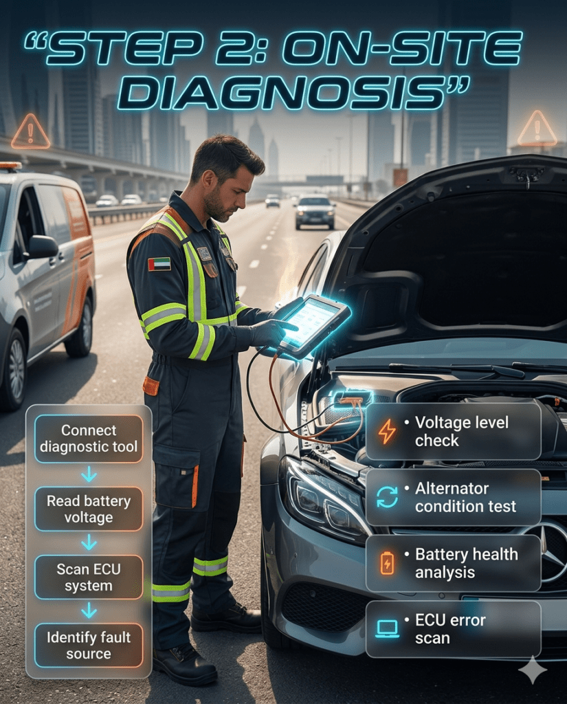 Mobile mechanic performing on-site car battery diagnosis in Dubai checking voltage alternator ECU scan and battery health