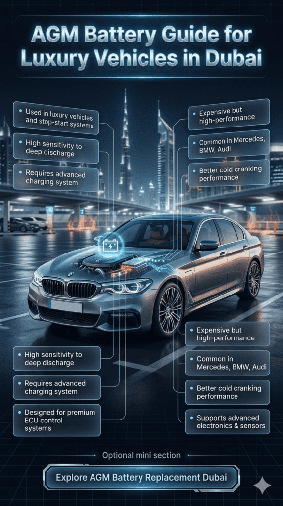 Luxury AGM car battery infographic showing premium stop-start system technology in Dubai with central luxury car, side key points about deep discharge sensitivity and high-performance usage in BMW, Mercedes, and Audi vehicles.