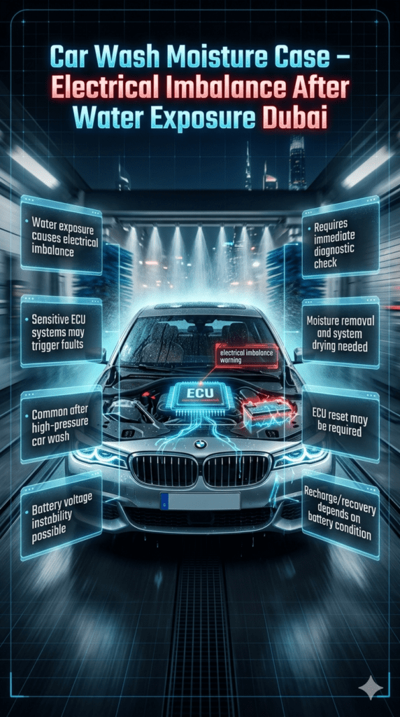 Car wash moisture case infographic showing electrical imbalance in car battery and ECU system after water exposure with diagnostic repair process in Dubai.