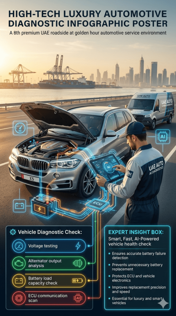 Vehicle battery diagnostic check in Al Layyah East showing voltage testing, alternator analysis, battery load testing, and ECU scan performed by technician on luxury car.