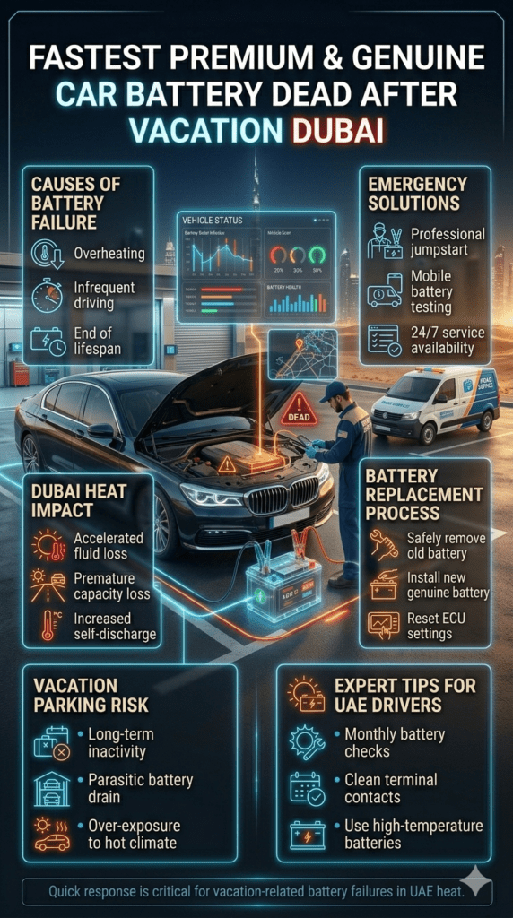 Luxury car battery failure after vacation in Dubai showing jumpstart emergency service with infographic panels explaining causes, solutions, and roadside assistance.