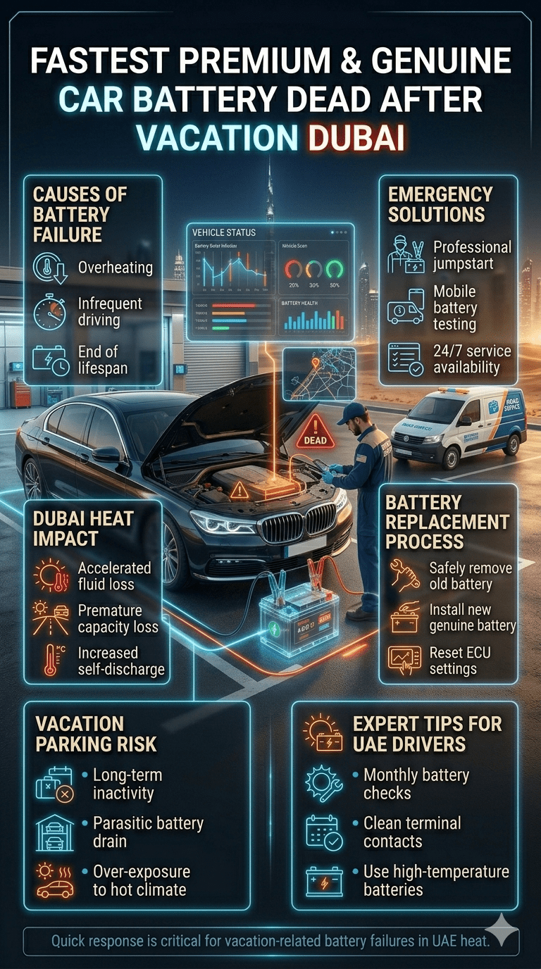 Luxury car battery failure after vacation in Dubai showing jumpstart emergency service with infographic panels explaining causes, solutions, and roadside assistance.