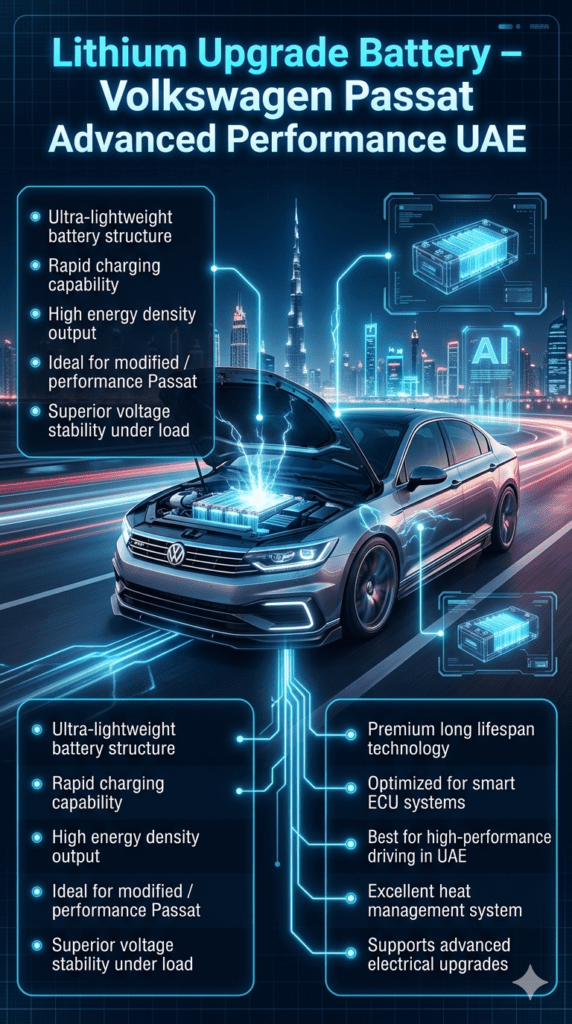 Futuristic infographic showing lithium upgrade battery in modified Volkswagen Passat with glowing energy system, Dubai night skyline, and advanced high-performance automotive technology design.