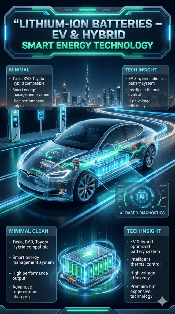 Lithium-ion EV and hybrid battery infographic showing Tesla BYD Toyota compatible smart energy management system with high performance electric vehicle technology, Dubai charging stations, and futuristic automotive energy flow design.
