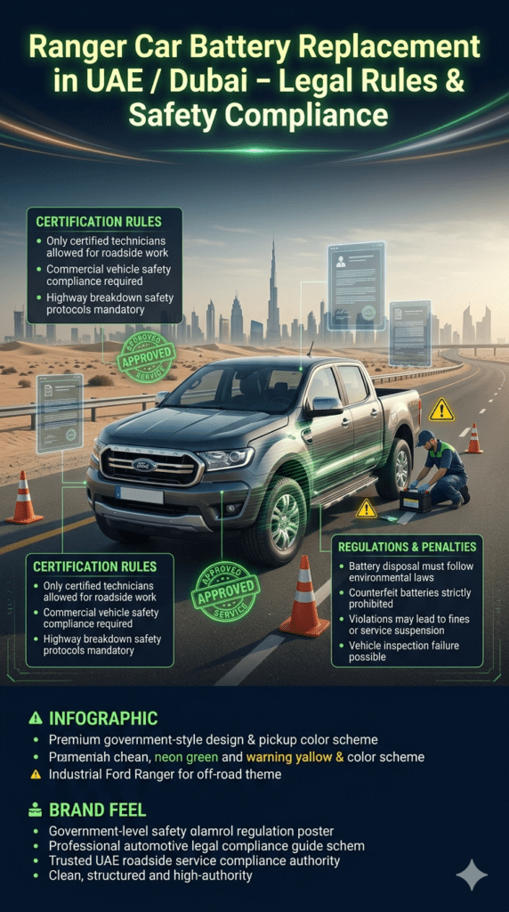 Ranger Car Battery Replacement UAE Dubai legal compliance infographic showing certified technicians, safety rules, battery disposal regulations, and violation penalties
