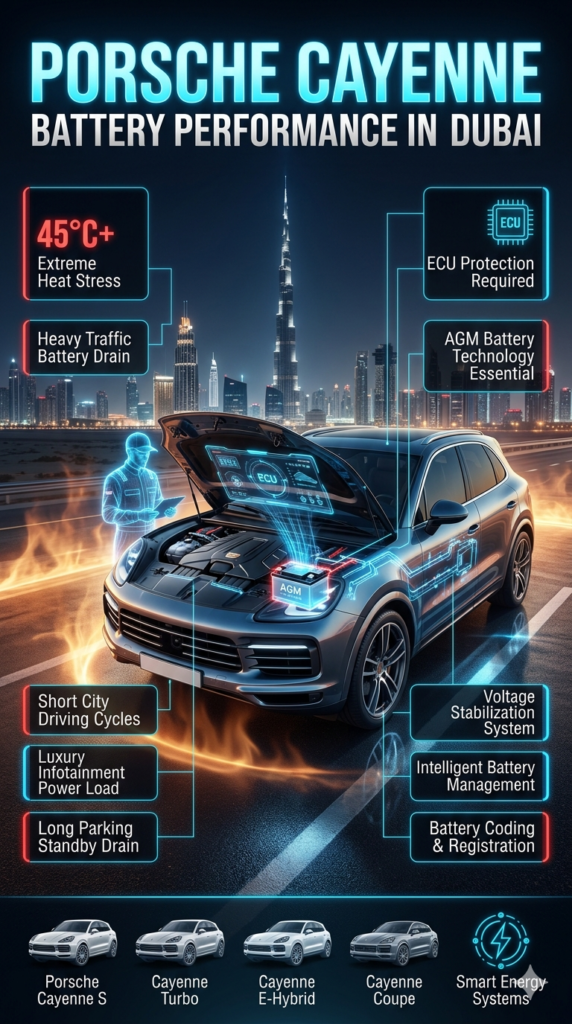 Luxury Porsche Cayenne battery infographic showing Dubai heat conditions, AGM battery system, ECU protection, traffic stress, and advanced SUV electrical performance.